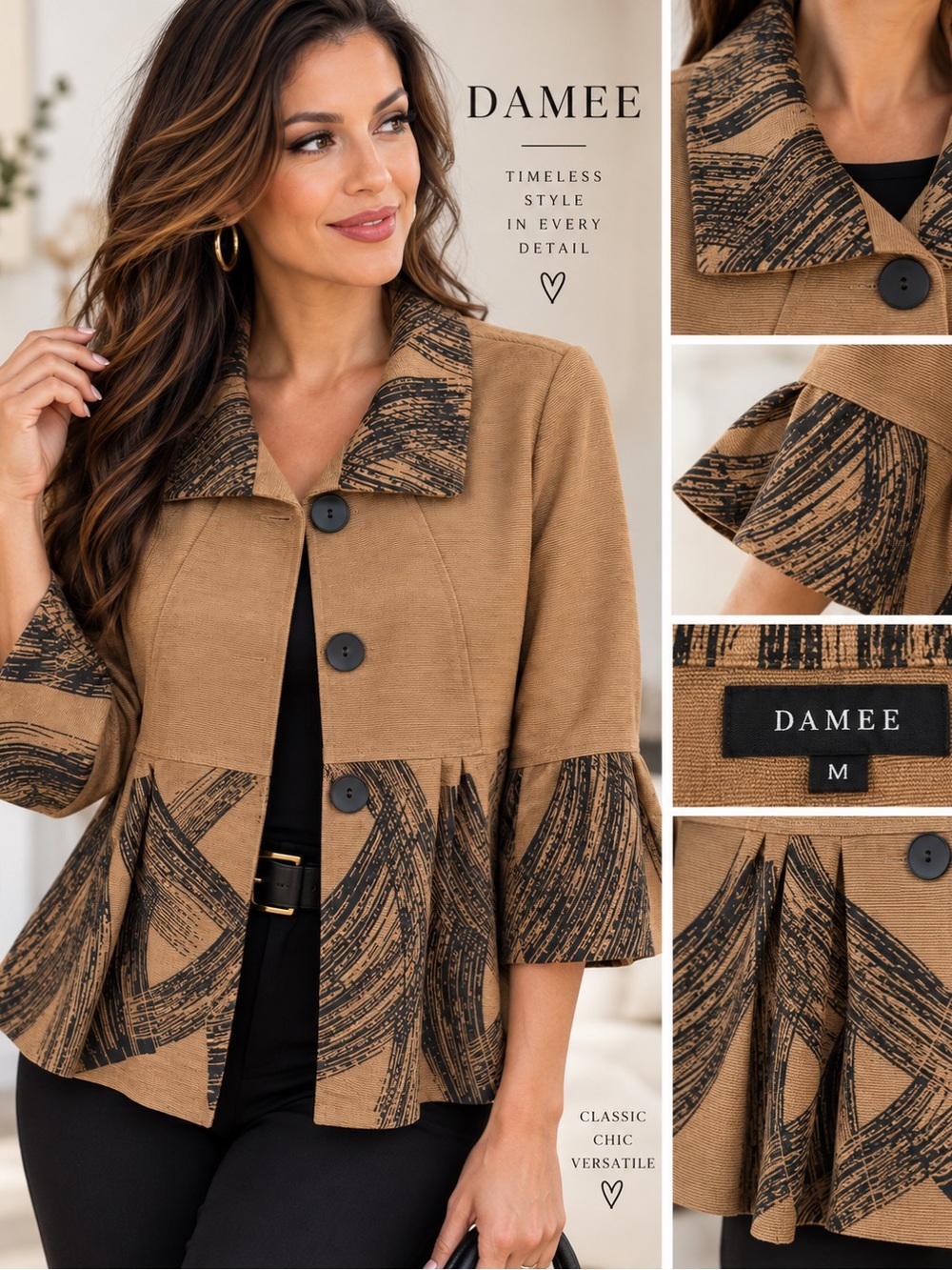 Damee Statement Jacket Medium Tan Black Abstract
Print Peolum